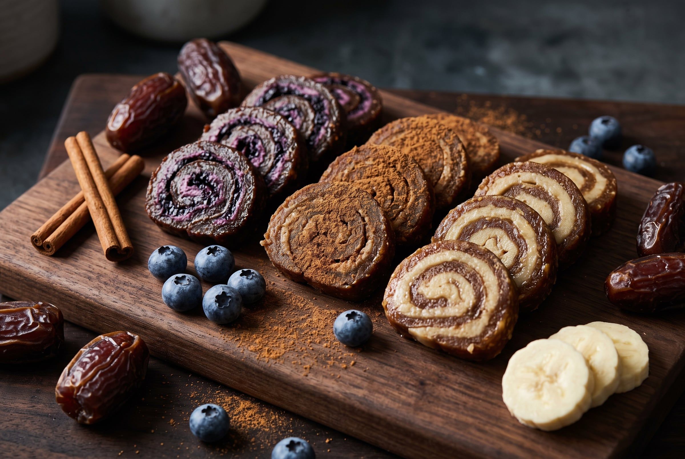 Date swirl slices with Medjool dates, blueberries, cinnamon and banana