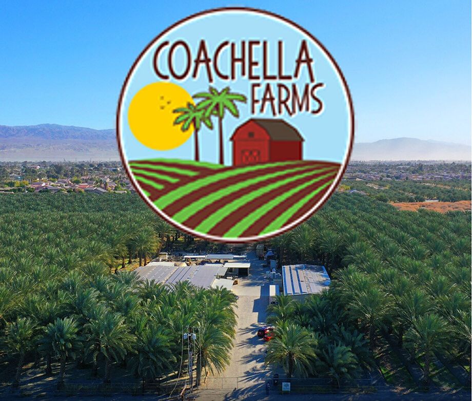 Aerial view of Coachella Valley date groves with the Coachella Farms badge