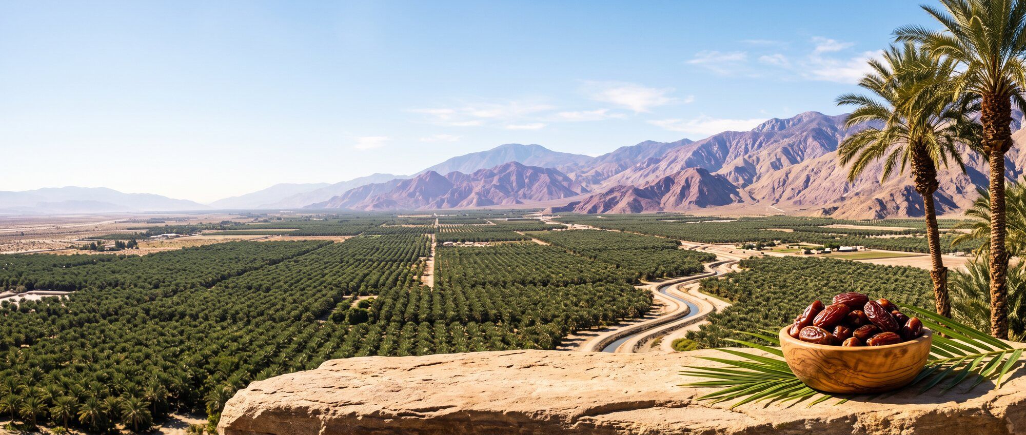 Overlook across the Coachella Valley's date palm groves to the mountains
