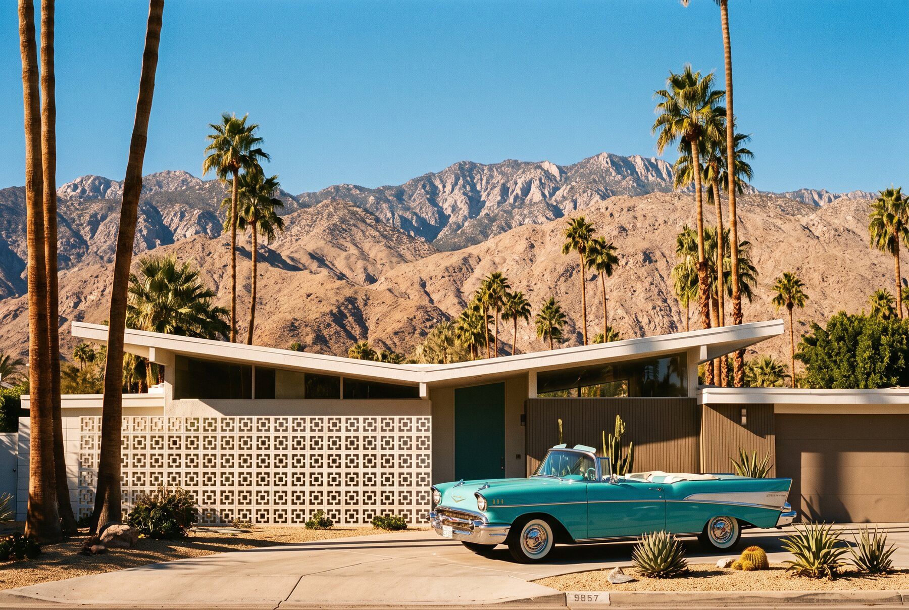 Mid-century Palm Springs home with a classic convertible, palms and the San Jacinto Mountains