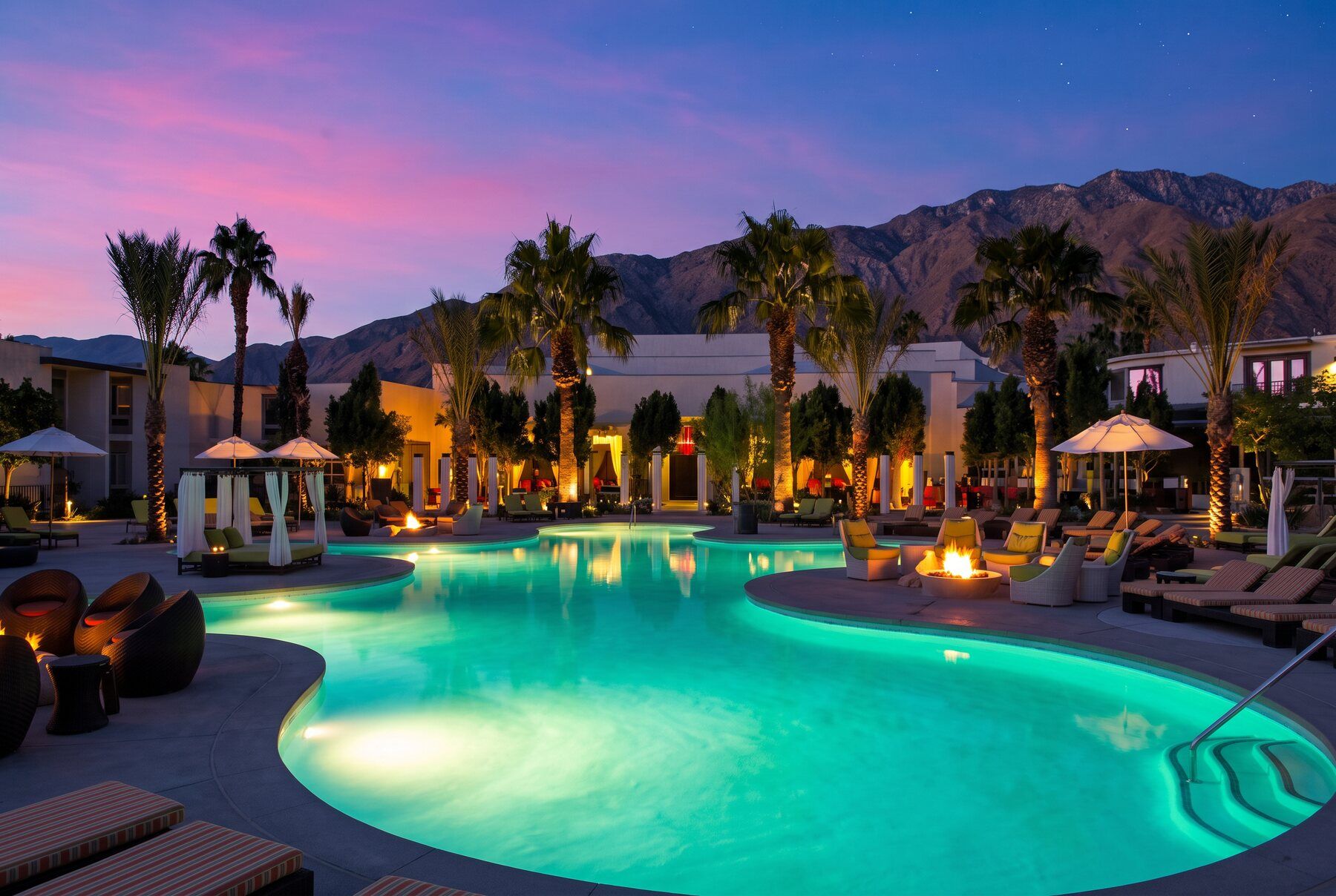 Resort pool at twilight with palms and mountains