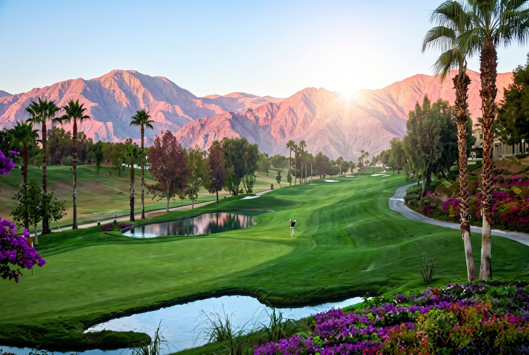 Desert golf course with a pond, palms and pink mountains at sunrise